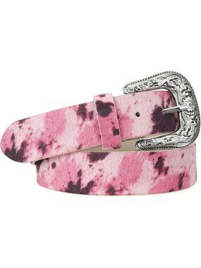 Unisex Cow Print-pink Leather Belt Vintage Western Cowboy Engraved Buckle Belt